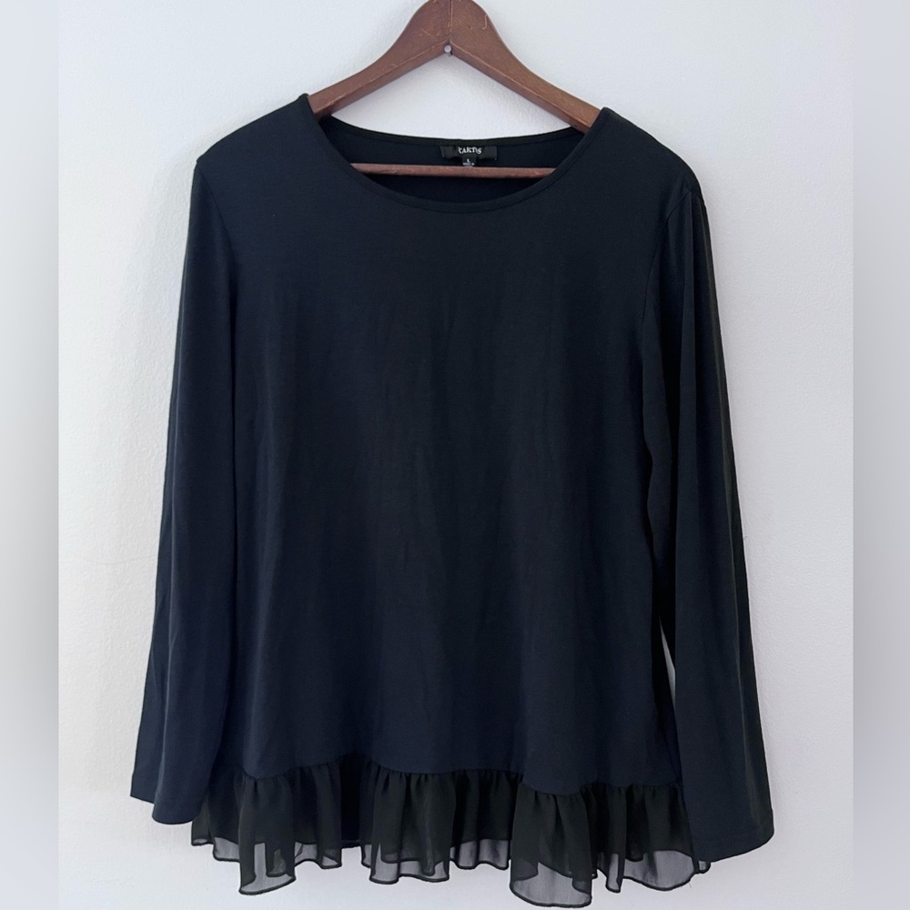 Kaktus Long Sleeve TShirt with Sheer Ruffled Hem Black Size Large